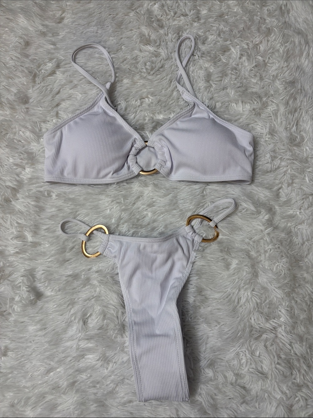 NEW Zando White Ribbed Gold Ring Brazilian Thong Bikini Set S